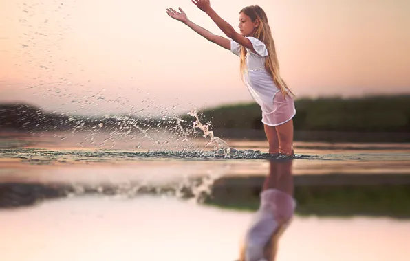 Water, squirt, girl, water reflections