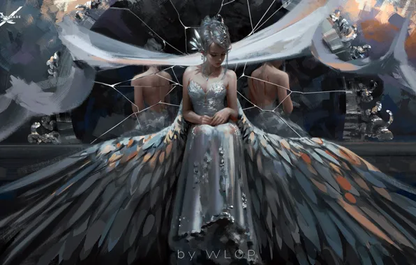Picture girl, blood, fantasy, dress, wings, mood, sadness, elf