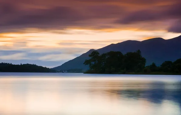 Trees, sunset, mountains, lake