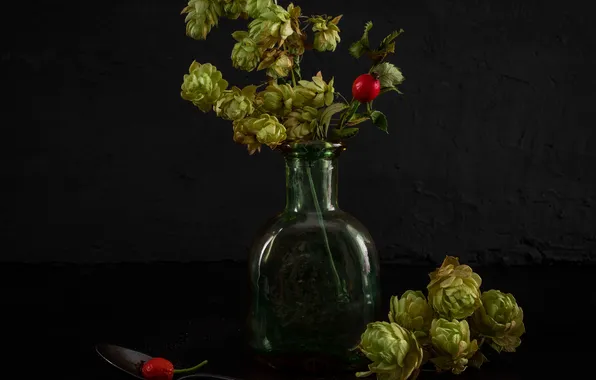 Berry, briar, spoon, still life, bottle, hops
