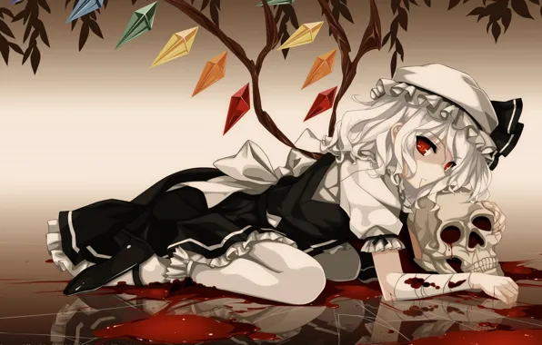 Picture leaves, girl, blood, skull, bow, short hair, bandage