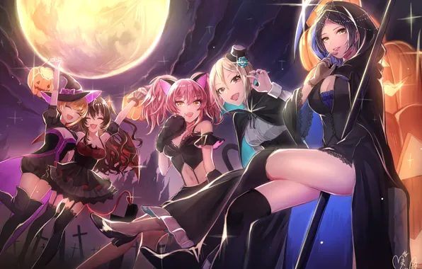 Night, girls, the moon, anime, art, halloween, Halloween, idolmaster
