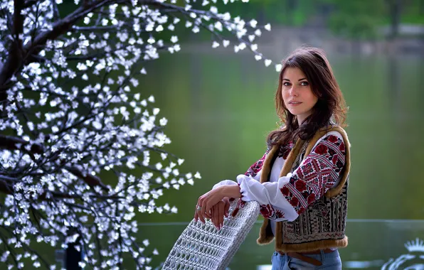 Girl, tree, sweetheart, jeans, brunette, hairstyle, blouse, flowering