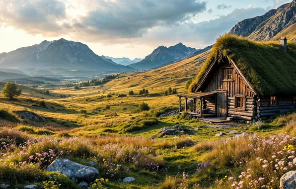 The sky, mountains, clouds, nature, house, hut, landscape, mountains