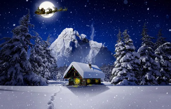 Winter, The moon, Christmas, Santa, house, deer