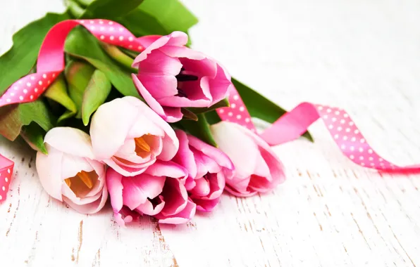 Table, bouquet, tulips, pink, pink ribbon, Olena Rudo