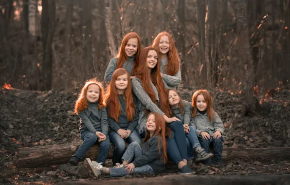 Picture forest, girl, hair, girls, red, company, smile