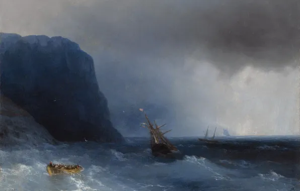 Sea, storm, boat, ship, storm, picture, Ivan Aivazovsky, 1876