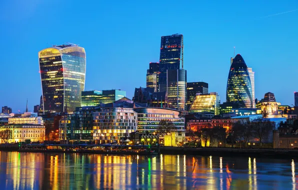 Lights, river, London, home, skyscrapers, the evening, UK, promenade
