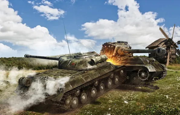 Picture mill, tank, tanks, WoT, World of Tanks, Is-3, Wargaming.net, PzKpfw VIB Tiger II