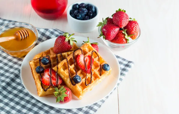Picture berries, chocolate, Breakfast, strawberry, honey, waffles
