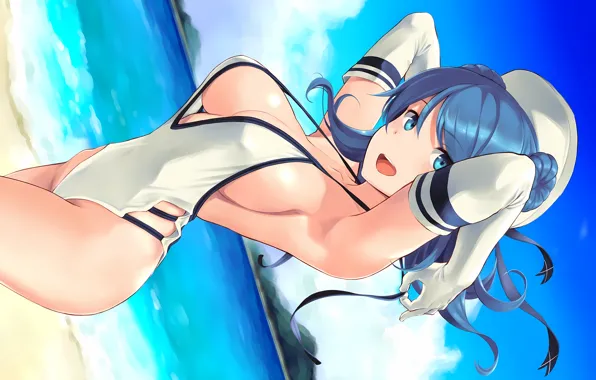 Girl, sexy, cleavage, beach, sky, sea, boobs, anime