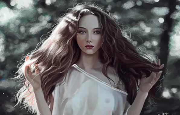 Picture face, hands, white dress, art, bokeh, hair, lush hair, portrait of a girl