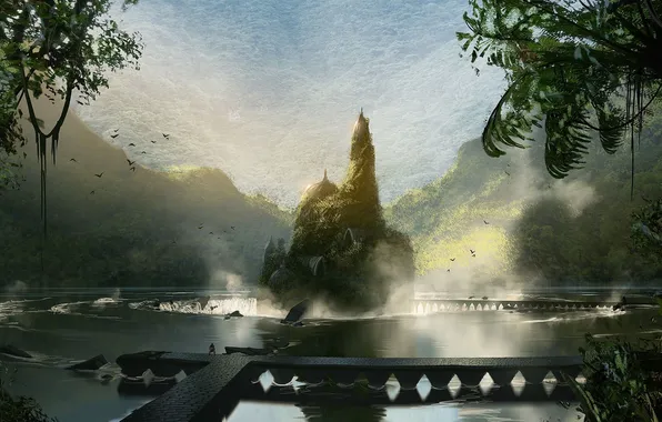 Greens, landscape, the city, lake, hills, waterfall, Concept Art, Dragon Age Inquisition