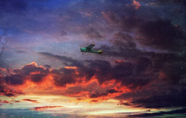 Picture the sky, clouds, flight, sunset, the plane