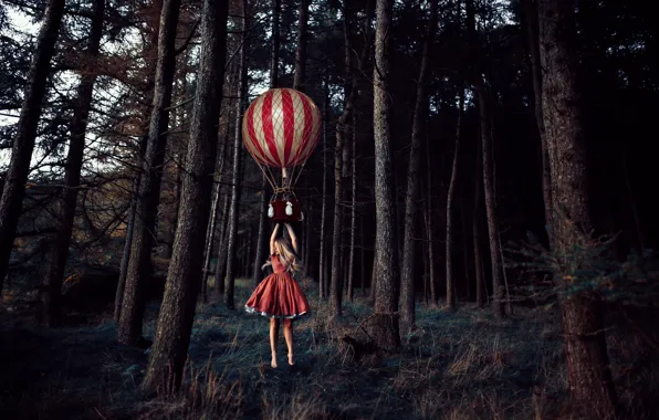 Forest, trees, balloon, the situation, girl, flight