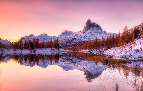Autumn, forest, snow, mountains, lake, reflection, rocks, dawn