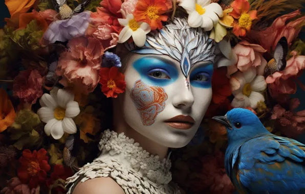Girl, flowers, bird, dove, makeup, painting, makeup, AI art