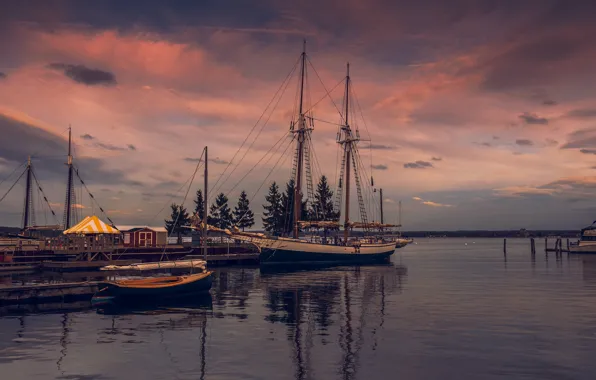 Sea, the sky, clouds, trees, reflection, shore, boat, ship