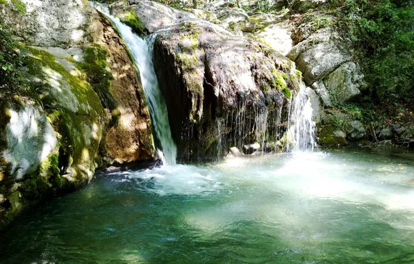 Picture forest, trees, stones, waterfall, moss, Crimea, Jur-Jur, Djur-Djur