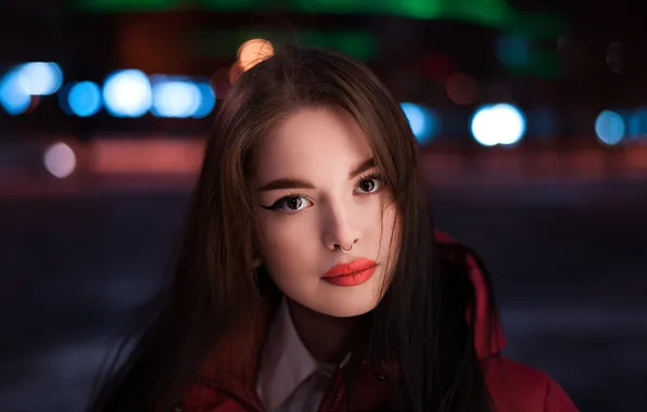 Look, night, lights, model, portrait, makeup, jacket, hairstyle