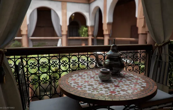 Picture table, chairs, dishes, curtains, Moroccan Courtyard