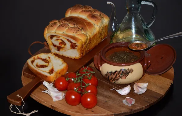 Pie, soup, still life, tomatoes