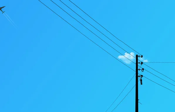 The sky, the plane, wire, post