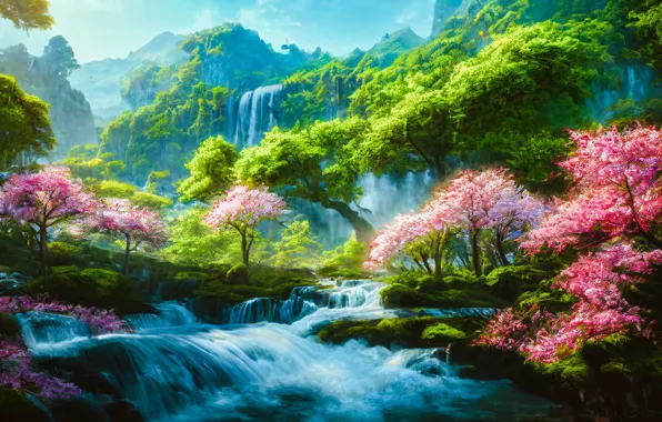 Greens, forest, trees, landscape, flowers, mountains, branches, nature