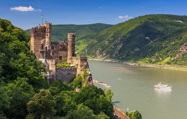 River, castle, Germany, hill, fortress, Rhine, Rheinstein Castle, Reinstein