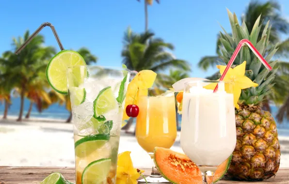 Beach, fresh, cocktails, fruit, drink, palms, tropical, cocktails