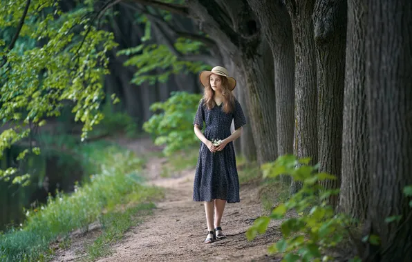 Girl, trees, hat, dress, path, bokeh, Alexander Vinogradov