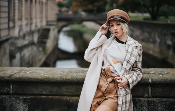 Girl, bridge, pose, style, river, cap, coat, the parapet