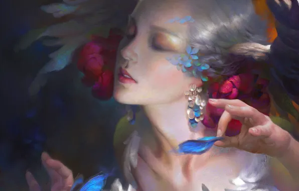 Face, earrings, hands, hairstyle, flowers in her hair, elf, white hair, art