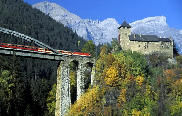 Forest, the sky, trees, mountains, bridge, castle, tower, train
