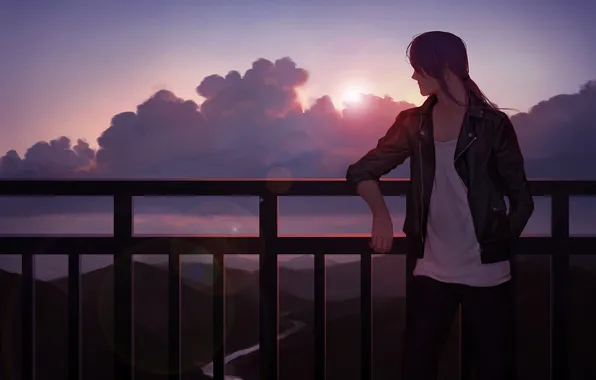 Sunset, river, view, the evening, art, railings, guy, vocaloid