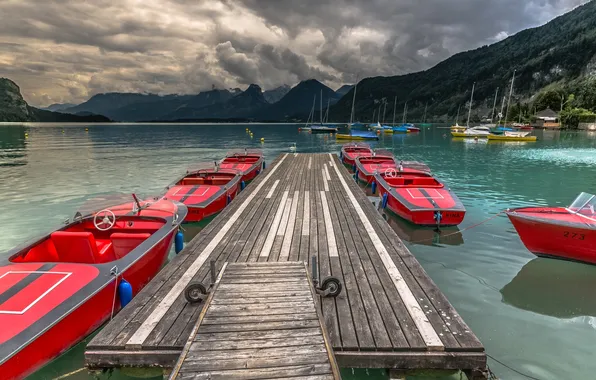 Mountains, nature, lake, Marina, boats, boats