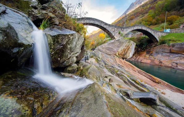 Picture bridge, river, shore, waterfall