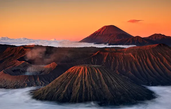 The sky, clouds, sunset, mountains, fog, the volcano, crater