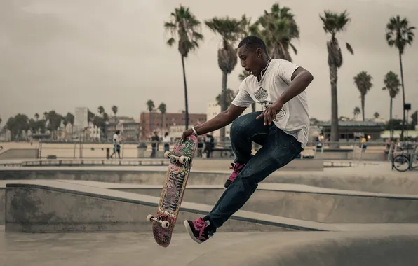 Picture the city, palm trees, people, jump, skateboarding, skateboard, city, extreme sports