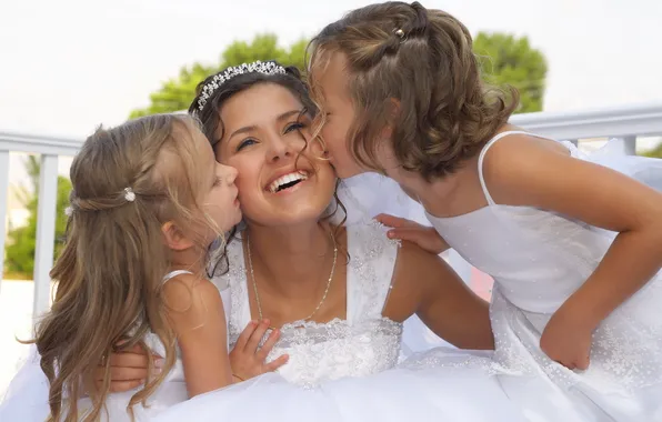 Children, laughter, the bride, kisses, congratulations, Wedding