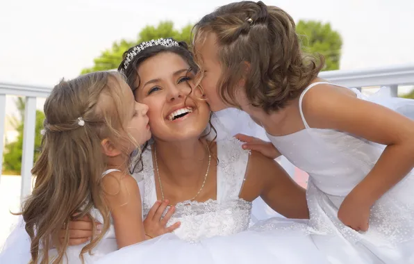 Picture children, laughter, the bride, kisses, congratulations, Wedding