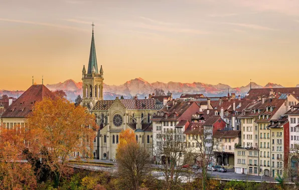 Autumn, Switzerland, panorama, old town, Bern, Cathedral of Saints Peter and Paul