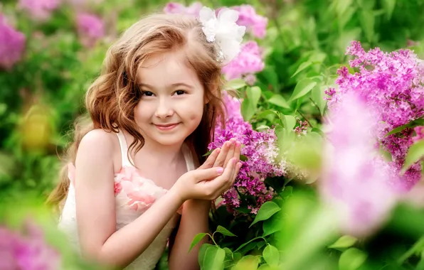 Flowers, smile, beauty, girl, lilac, Flirty