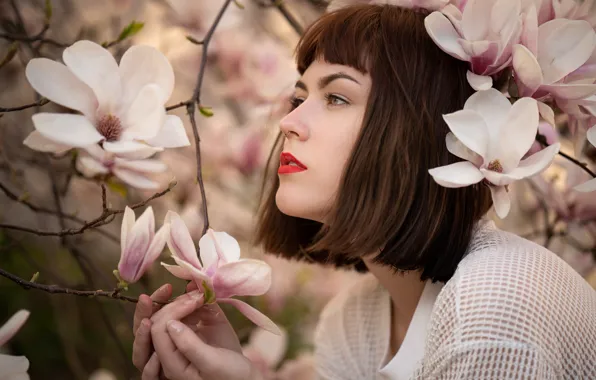 Picture girl, branches, flowers, bokeh