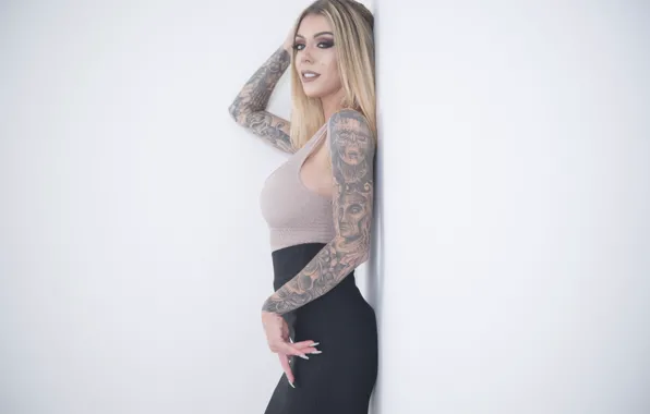 Girl, face, pose, background, model, skirt, hands, tattoo
