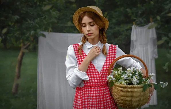 Picture girl, pose, basket, hat, braids, flowers, sundress, Jasmine