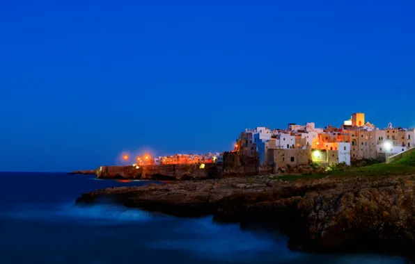 Sea, night, lights, home, Italy, Apulia, Polignano a Mare