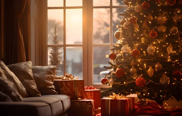 Decoration, sofa, balls, tree, New Year, Christmas, gifts, new year
