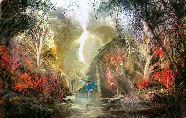 Forest, girl, trees, nature, wings, art, Touhou, lm7
